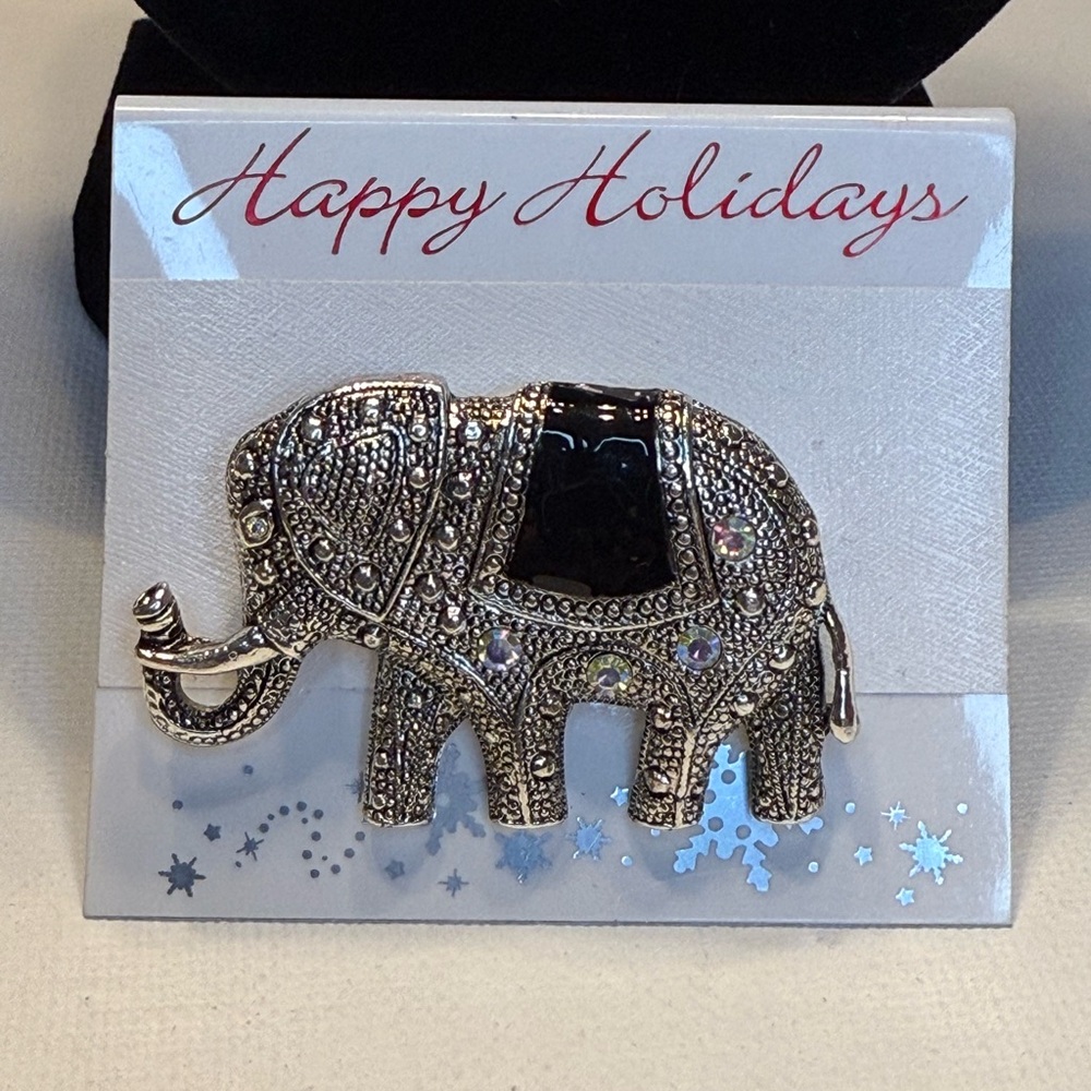 Vintage Marcasite Elegant Silver Elephant Black Enamel AB Rhinestone Brooch